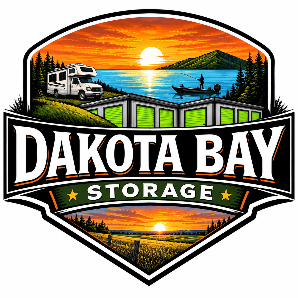 Dakota Bay Storage logo featuring a fishing boat, RV, green storage doors, and a sunset